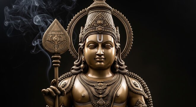Skanda Shashti, A modern bronze statue of Lord Murugan in a standing pose holding a Vel, intricate carving details on the crown and ornaments