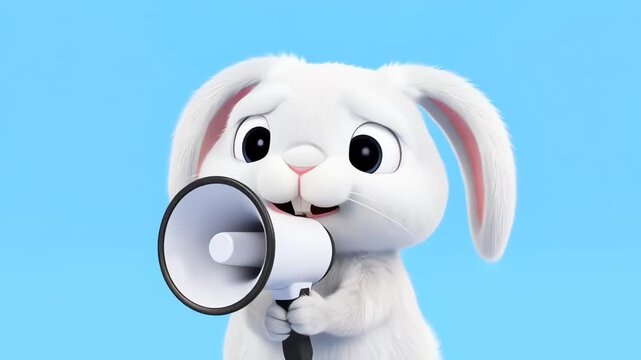 3D Animated White Bunny Talking Through a Megaphone on Blue Background