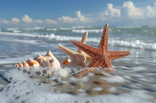 Una fotograf&iacute;a de primer plano de una estrella de mar y conchas marinas sobre arena mojada.
