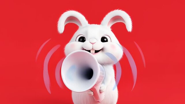 3D Animated White Rabbit Shouting into a Megaphone on Red Background