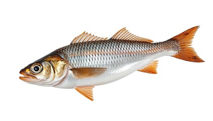 Obraz premium A fresh raw silver freshwater fish with a detailed fin and tail is isolated on a white background as a healthy seafood catch