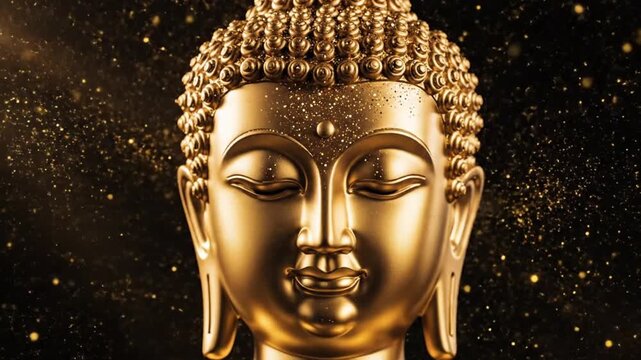 Golden Buddha statue meditates peacefully in a serene environment surrounded by gold particles