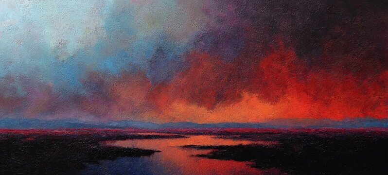 A painted landscape depicts a dramatic sunset. Bold reds, oranges, and blues form clouds over a dark marsh