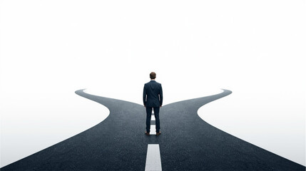 Businessman standing at a crossroad choosing between two paths, decision making and career concept