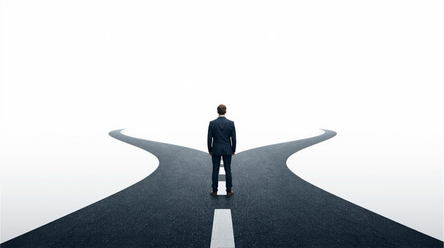 Businessman standing at a crossroad choosing between two paths, decision making and career concept