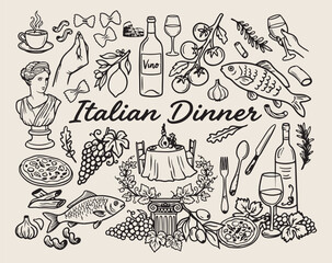 italian food doodle set, pasta pizza illustration, restaurant menu icons, cooking hand drawn elements, kitchen food vector, mediterranean cuisine clipart, dinner sketch collection © Geetaroy