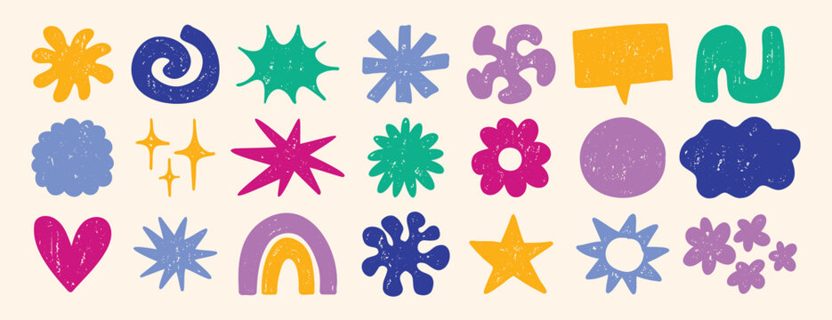 Funky cute shapes and figures crayon texture set. Brutal contemporary colorful retro star figures, flower, sun. Hand drawn primitive geometric elements.