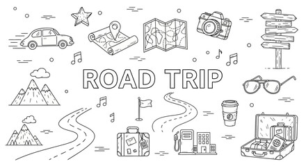 Charming line art doodles illustrating core elements of a road trip adventure, featuring cars, maps, mountains, and travel essentials in a hand-drawn style © John