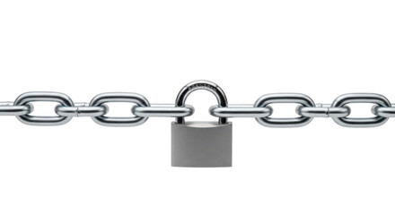 Obraz premium A sturdy metal padlock securely connecting two segments of a polished steel industrial chain link