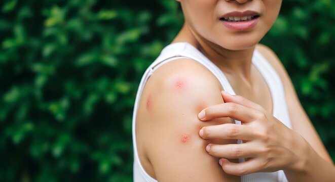 Young woman scratching mosquito bite on shoulder in summer garden