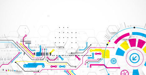 Abstract technological background with various elements. CMYK concept. Vector