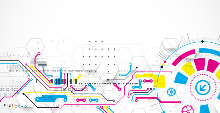 Abstract technological background with various elements. CMYK concept. Vector