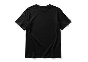 Naklejka premium A crumpled black t-shirt is displayed on a white background for product showcase.