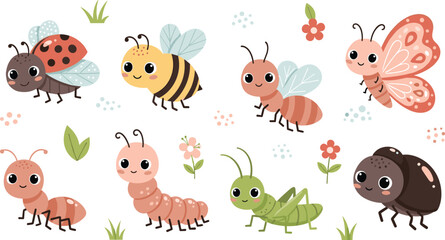 Naklejka premium Cute Insects Including Ladybug, Bee, Butterfly, Ant, Caterpillar, and Grasshopper with Flowers in a Nature SceneCute Insects Including Ladybug, Bee, Butterfly, Ant, Caterpillar, and Grasshopper with F