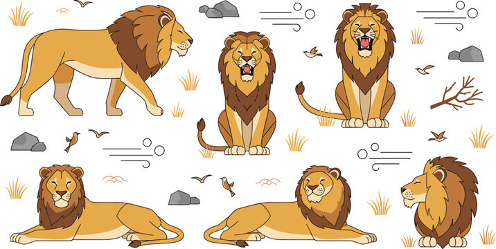 Majestic lion vector illustration set featuring male lions in walking sitting and roaring poses with savanna grass rocks and birds for wildlife designs.
