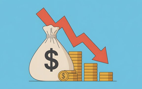 A money bag, diminishing coin stacks, and a red down arrow illustrate financial decline on a bright blue background