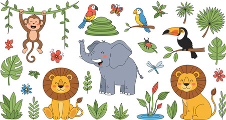 Naklejka premium Cute Jungle Animals Cartoon Set with Monkey, Elephant, Lions, Toucan, Tropical Birds, Leaves, Flowers and Rainforest Nature ElementsCute Jungle Animals Cartoon Set with Monkey, Elephant, Lions, Toucan