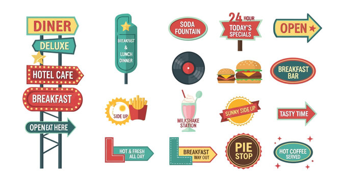Vintage diner signs and food illustrations in a retro style collection