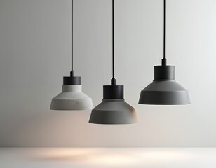 Obraz premium Three modern pendant lights hang in a row against a light gray backdrop. They feature black tops and conical shades in gray and speckled white concrete.