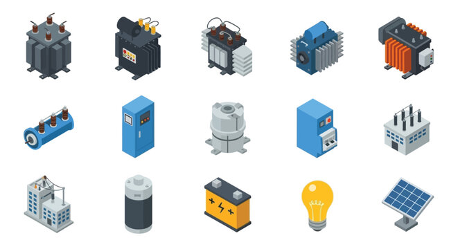 Isometric electrical components and power distribution equipment illustration