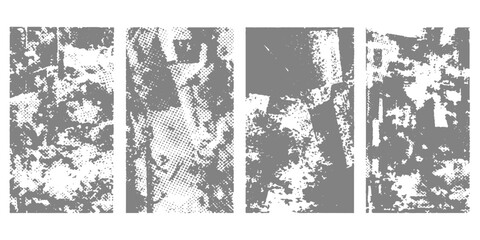 Obraz premium Set of vintage grunge textures and banners featuring abstract paint splatters, ink stains, and floral pattern illustrations on a dirty black paper background with a decorative vector border frame