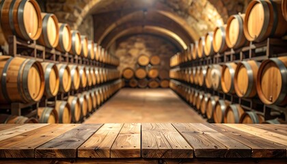 Fototapeta premium A wine cellar with wooden barrels and a stone vaulted ceiling