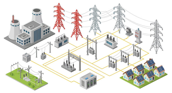 Isometric illustration depicting a power plant and electrical grid infrastructure