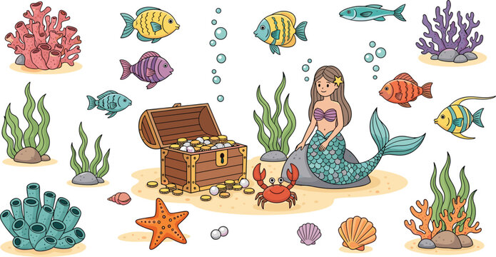 Cute Mermaid Underwater Treasure Scene Cartoon Set with Tropical Fish, Coral Reefs, Starfish, Crab, Shells and Ocean ElementsCute Mermaid Underwater Treasure Scene Cartoon Set with Tropical Fish, Cora