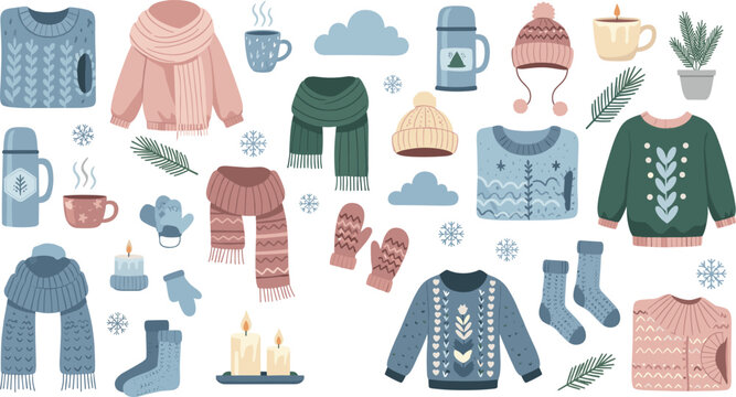 Cozy winter clothing vector collection featuring knitted sweaters wool scarves mittens warm hats socks candles and hot cocoa for hygge lifestyle designs.