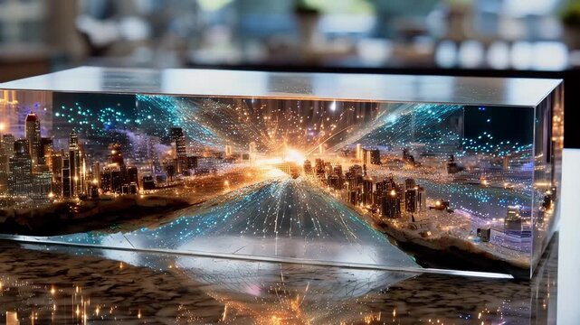 Ultra HD Macro Shot of a Smart City Concept Model Enclosed in Transparent Resin with Data Flow Particles and Neon Illumination Video.