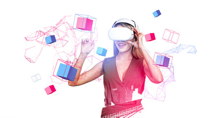 Person wearing VR headset with bright geometric shapes in abstract digital style on white...