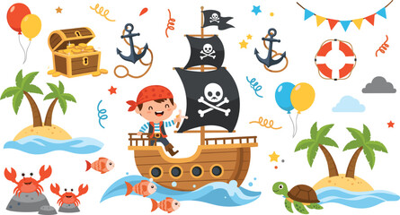 Cute pirate boy adventure collection with sailing ship treasure chest tropical islands crabs turtle and nautical party birthday elements.Cute pirate boy adventure collection with sailing ship treasure © Md