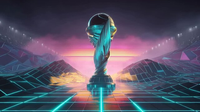 Epic cinematic visualization of a silver soccer ball championship trophy floating above planet Earth against a breathtaking galaxy and nebula background; Majestic silver sports award cup  Video.