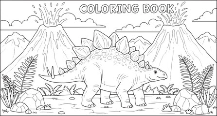 Stegosaurus dinosaur coloring book page featuring erupting volcanoes and prehistoric mountains with ferns for children school projects © Design_Zoon