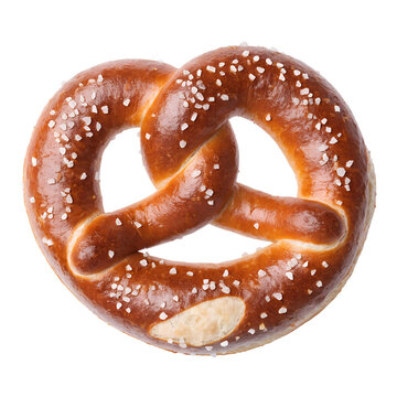 A delicious traditional German snack of salty, baked brown pretzels isolated on white background, offering a fresh and crunchy salted pastry perfect for a tasty bakery breakfast or meal