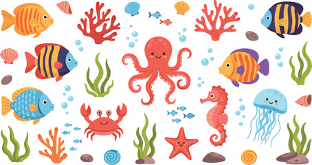 Cute sea animals underwater collection with octopus crab jellyfish seahorse tropical fish coral and seaweed vector illustration isolated on white background.Cute sea animals underwater collection with © Md