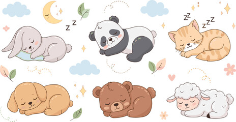 Cute sleeping baby animals collection with elephant panda cat dog bear sheep moon clouds dreamy cartoon vector setCute sleeping baby animals collection with elephant panda cat dog bear sheep moon clou © Md
