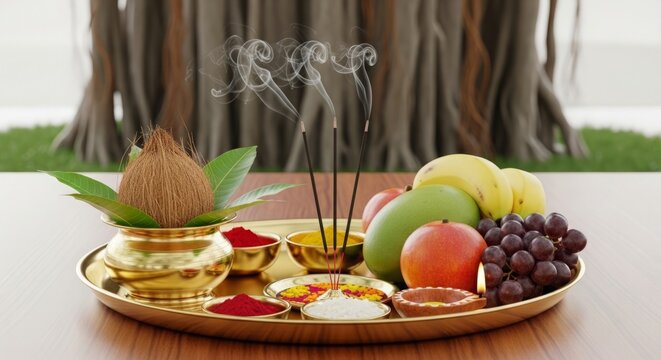 Vat Savitri Vrat, A beautifully arranged traditional pooja thali featuring a kalash, incense sticks, and seasonal fruits placed on a clean wooden surface at the base of a Banyan tree