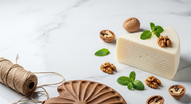 Authentic Georgian Sulguni Brine Cheese on White Marble with Soft White Copy Space