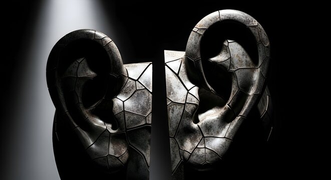 Cracked Stone Ears Sculpture, Abstract Concept of Communication Breakdown and Listening