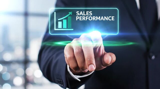 Businessman pressing digital button for sales performance graph showing growth data on futuristic interface technology