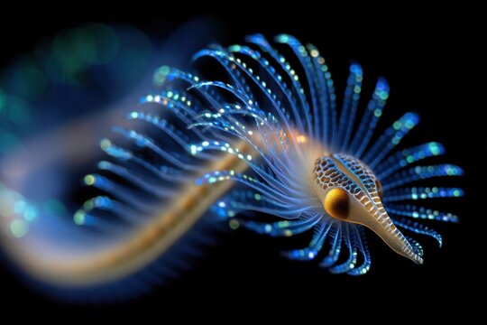 Close-up fluorescent deep-sea worm with iridescent bristles in dark underwater environment