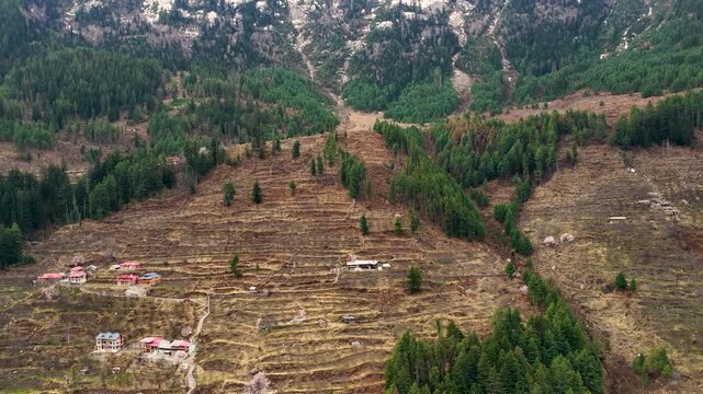 terraced farms in harsil valley uttarkashi view captured with drone