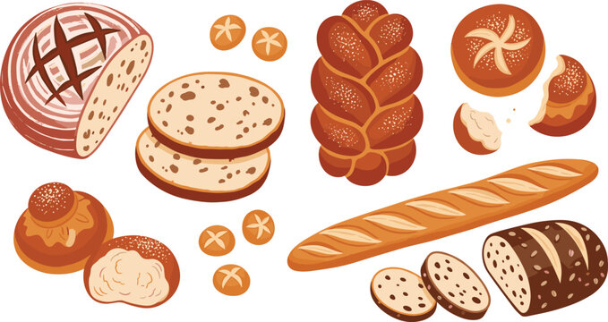 Artisan Bakery Bread Vector Set with Braided Challah, French Baguette, Sliced Fruit Loaf, Sourdough, and Golden Dinner Rolls for Cafe Menu Designs