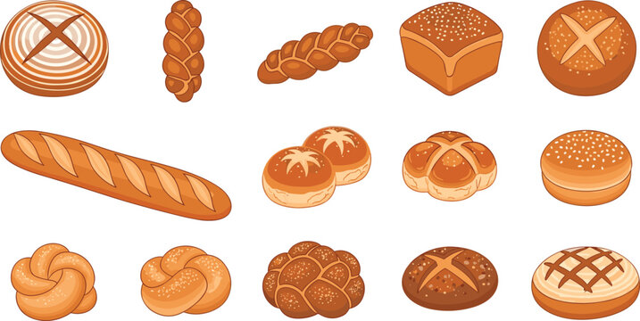 Assorted Fresh Bakery Bread Vector Set with French Baguette, Braided Loaves, Sourdough, Sesame Buns, and Artisan Rolls for Cafe Menu and Food Branding Designs