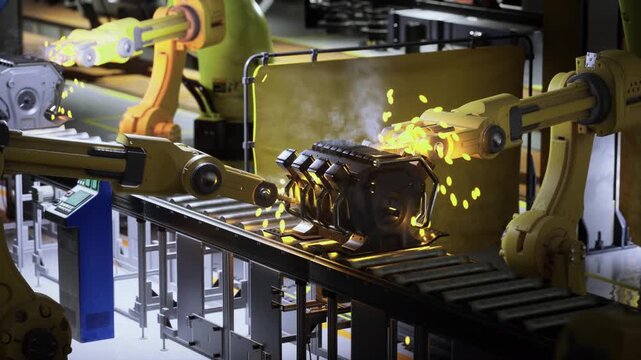 Robotic arms are actively working in a modern factory, assembling mechanical parts on a conveyor belt. Bright lights illuminate the advanced equipment in use.