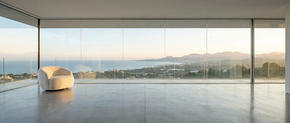 Fototapeta premium A modern living room with a large window overlooking the sea and mountains. A single, plush armchair sits in the corner, inviting relaxation and contemplation of the stunning view.
