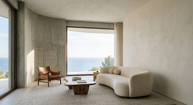 A modern living room with a curved sofa, leather armchair, and a wooden coffee table, all overlooking a serene ocean view.