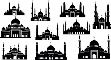 Islamic mosque silhouettes collection featuring domes minarets and traditional architecture landmarks religious building vector illustration set © Lunavera art