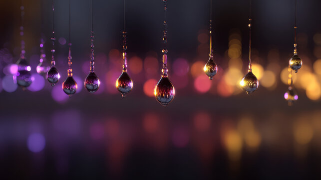 Glistening ornaments hang in soft focus